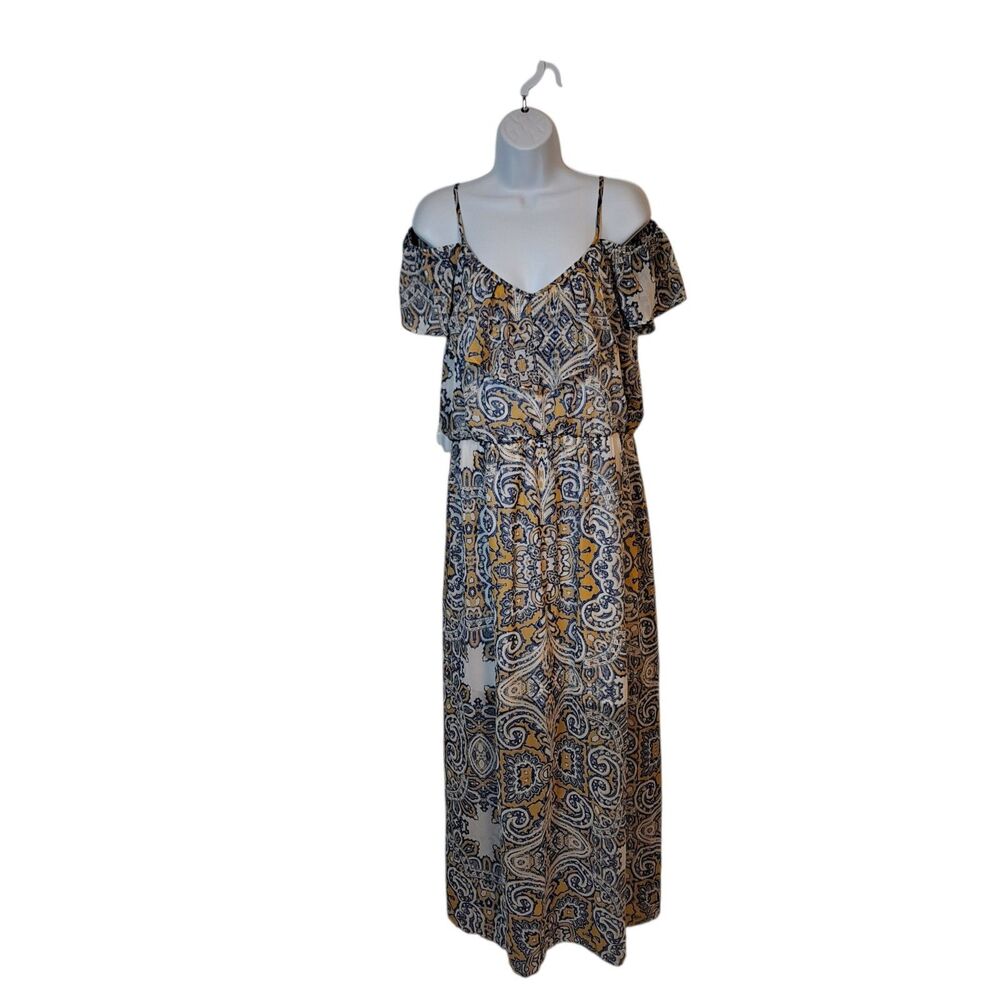 As U Wish Women's Maxi Dress Size 1X Blue Multi Spaghetti Strap Cold Shoulder
